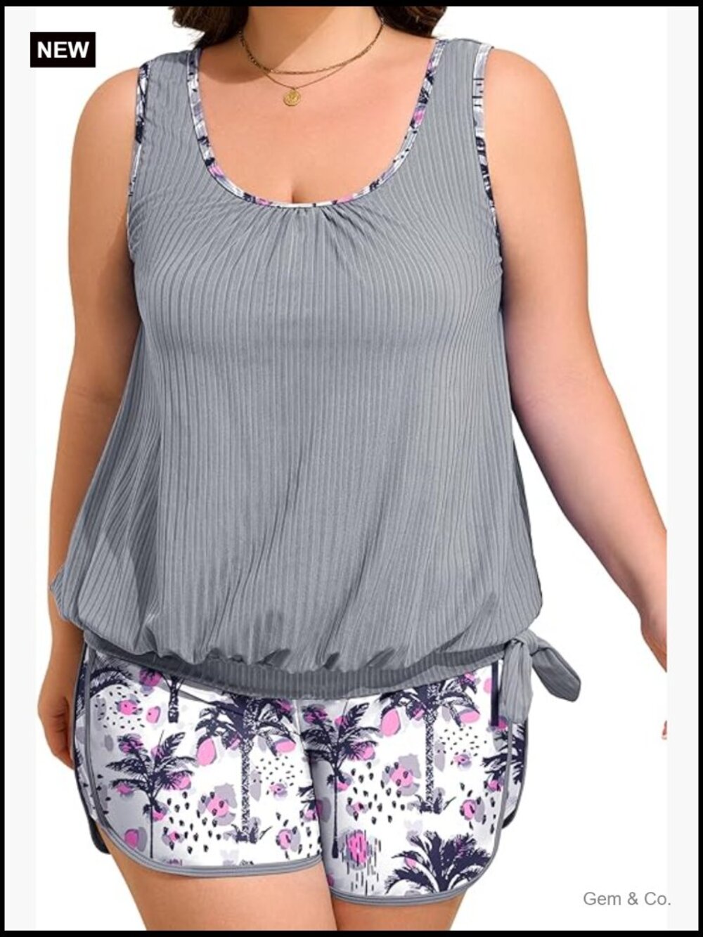 Blouson Tankini Two Piece Tummy Control Swimsuit with Built-in Bra Shorts S-24W